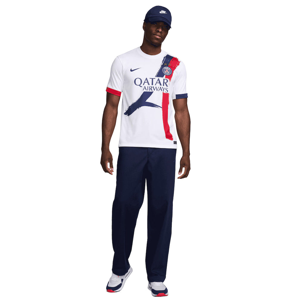Maillot PSG Back 2 Back Extérieur 26/27 – Vue 3/4 Nike blanc Qatar Airways 2 étoiles Champions d'Europe pas cher