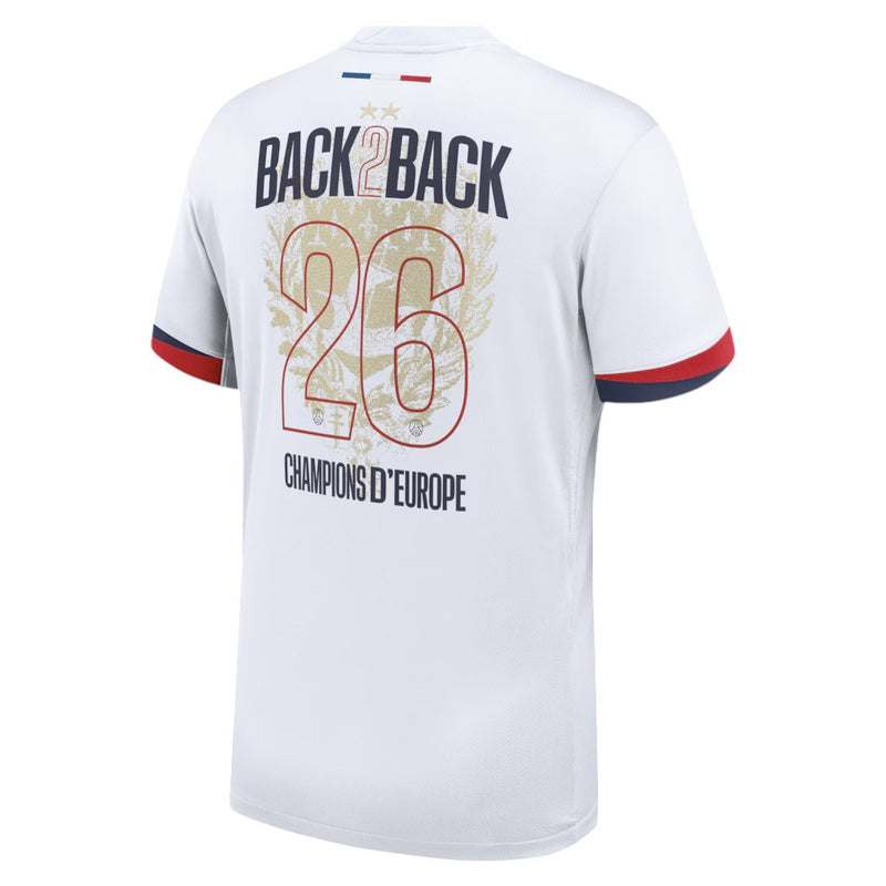 Maillot PSG Back 2 Back Extérieur 26/27 – Close-up logo PSG 2 étoiles or Champions d'Europe